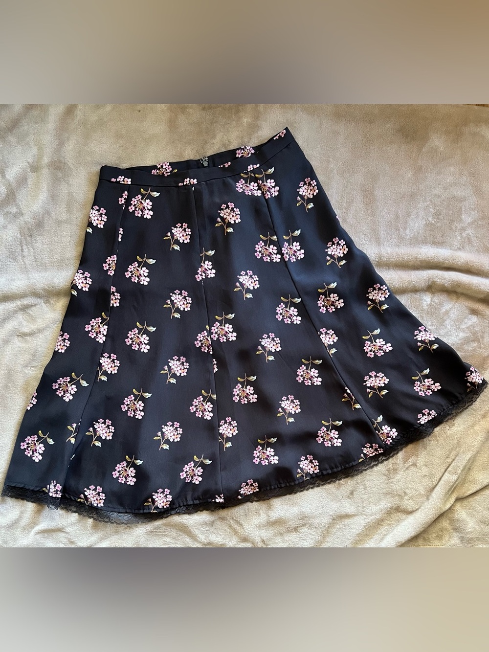 Victoria’s Secret Brown Pink Floral Lace Hem Trim Lined Midi Skirt Sz 8 A-Line